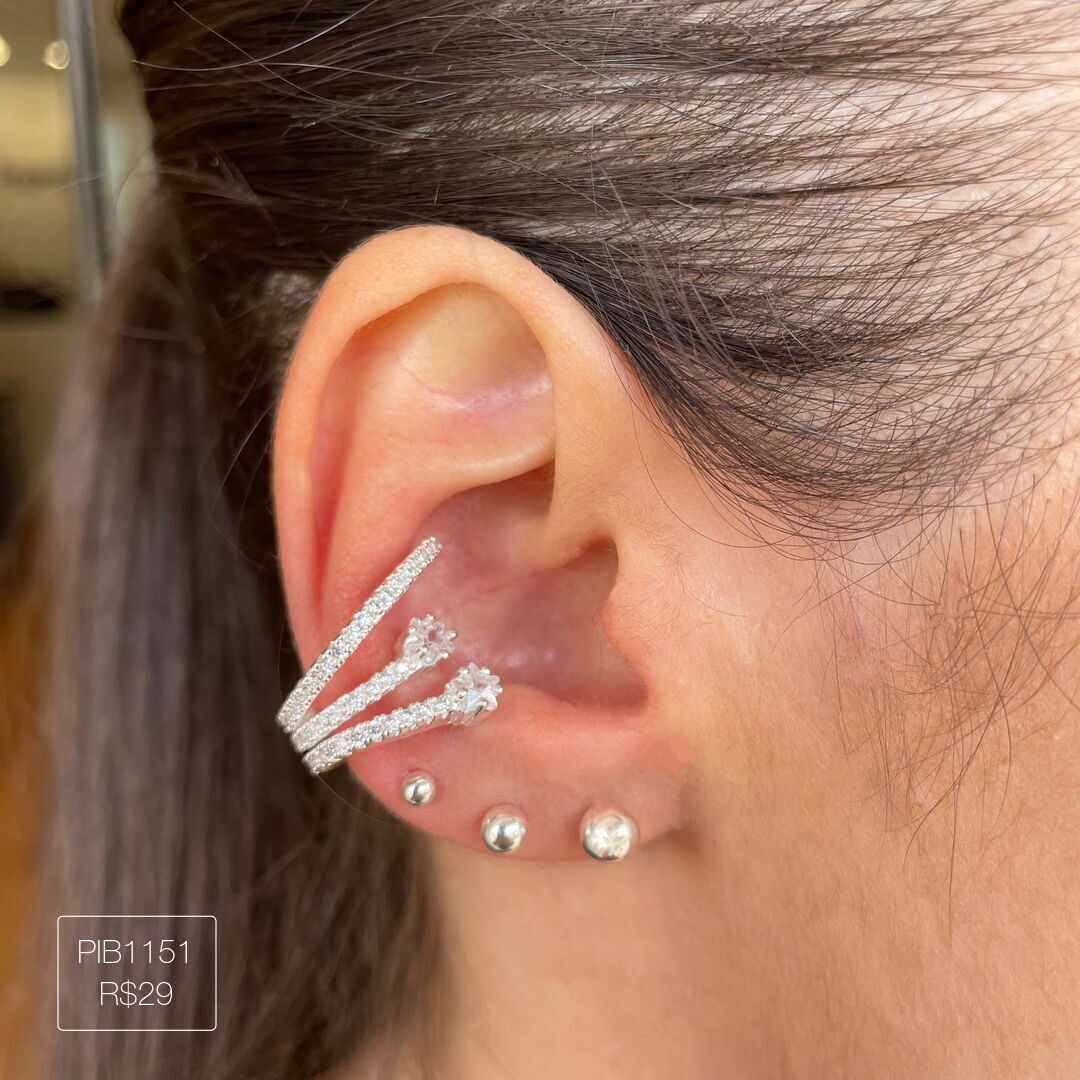 Piercing Fake 3 Fios Cravejados + 2 Zirc Cristal Prateado